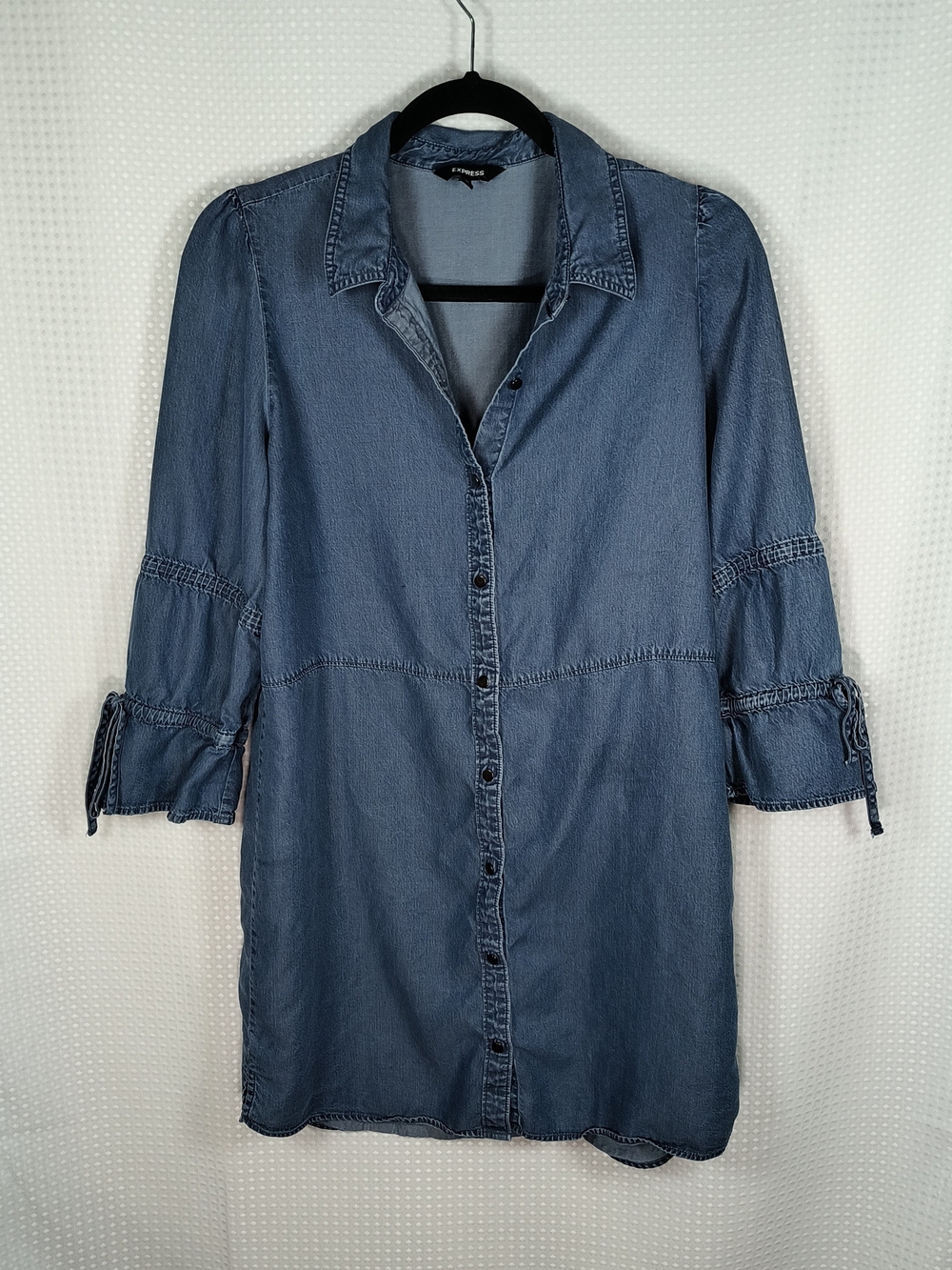 Express Chambray Denim Tunic Dress Blue Button Up Tie Sleeve Boho Cottagecore M
